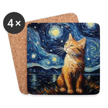 Chat, Motif De Chat, Van Gogh, Nuit Étoilée - Dessous de verre (lot de 4) - blanc - Devant