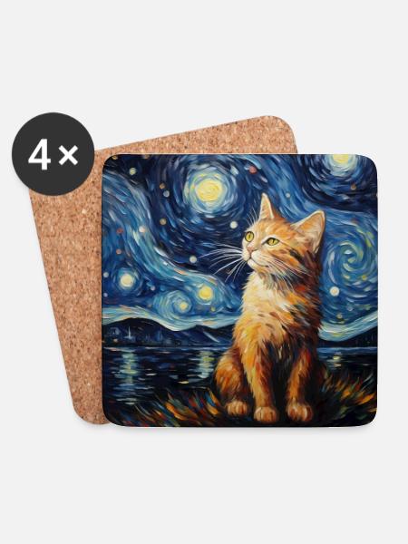 Katze, katzenmotiv, van gogh, sternennacht - Untersetzer (4er-Set) - Weiß