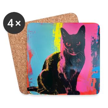 Chat, motif chat, pop art, cadeau, idée cadeau - Dessous de verre (lot de 4) - blanc - Devant