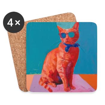 Chat, motif chat, pop art, cadeau, idée cadeau - Dessous de verre (lot de 4) - blanc - Devant