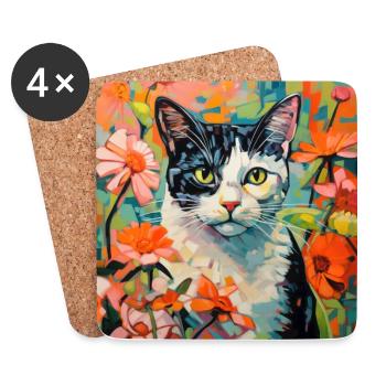 Katze, katzenmotiv, blumen, geschenk, geschenkidee - Untersetzer (4er-Set) - Weiß - Vorne