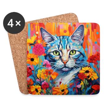 Katze, katzenmotiv, blumen, geschenk, geschenkidee - Untersetzer (4er-Set) - Weiß - Vorne