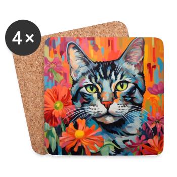 Katze, katzenmotiv, blumen, geschenk, geschenkidee - Untersetzer (4er-Set) - Weiß - Vorne