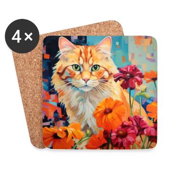 chat, motif de chat, fleurs, cadeau, idée cadeau - Dessous de verre (lot de 4) - blanc - Devant