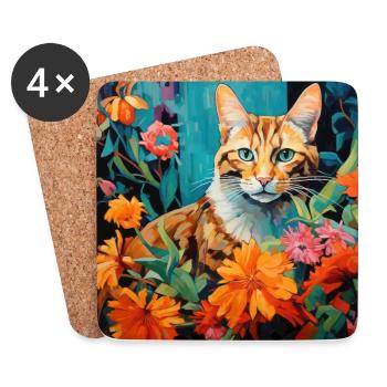 Katze, katzenmotiv, blumen, geschenk, geschenkidee - Untersetzer (4er-Set) - Weiß - Vorne