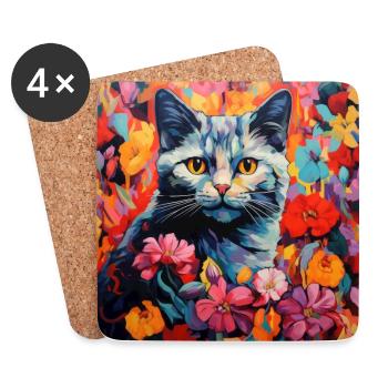 Katze, katzenmotiv, blumen, geschenk, geschenkidee - Untersetzer (4er-Set) - Weiß - Vorne