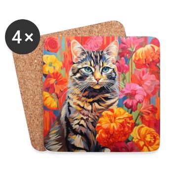 Katze, katzenmotiv, blumen, geschenk, geschenkidee - Untersetzer (4er-Set) - Weiß - Vorne