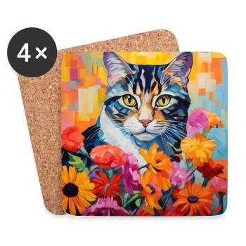 Katze, katzenmotiv, blumen, geschenk, geschenkidee - Untersetzer (4er-Set) - Weiß - Vorne