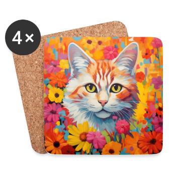 Katze, katzenmotiv, blumen, geschenk, geschenkidee - Untersetzer (4er-Set) - Weiß - Vorne