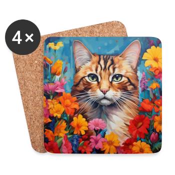Katze, katzenmotiv, blumen, geschenk, geschenkidee - Untersetzer (4er-Set) - Weiß - Vorne