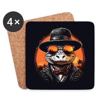 Chic alligator with mirrored glasses, hat and suit - Coasters (set of 4) - white - Front