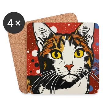 chat, motif de chat, bande dessinée, cadeau, idées cadeaux - Dessous de verre (lot de 4) - blanc - Devant