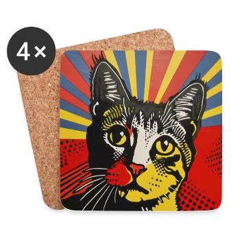 chat, motif de chat, bande dessinée, cadeau, idées cadeaux - Dessous de verre (lot de 4) - blanc - Devant