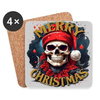 Joyeux Noël avec tête de mort avec chapeau de père Noël - Dessous de verre (lot de 4) - blanc - Devant