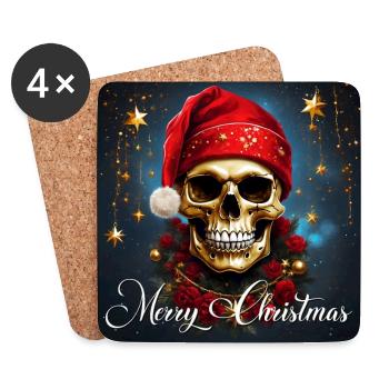 Joyeux Noël avec tête de mort avec chapeau de père Noël - Dessous de verre (lot de 4) - blanc - Devant