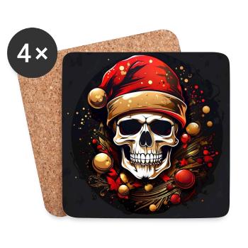 Joyeux Noël avec tête de mort avec chapeau de père Noël - Dessous de verre (lot de 4) - blanc - Devant