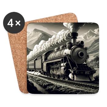 Large heavy steam locomotive pulling a railway train - Coasters (set of 4) - white - Front