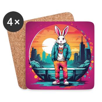 Cooler Hase mit Streetwear vor einer Skyline - Untersetzer (4er-Set) - Weiß - Vorne