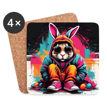 Cooler Hase mit Streetwear Hoodie Basecap - Untersetzer (4er-Set) - Weiß - Vorne
