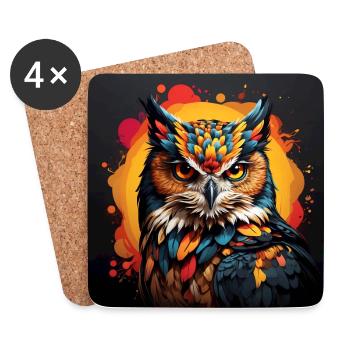 Farbenfrohes Eulenportrait mit bunten Farbklecksen - Untersetzer (4er-Set) - Weiß - Vorne