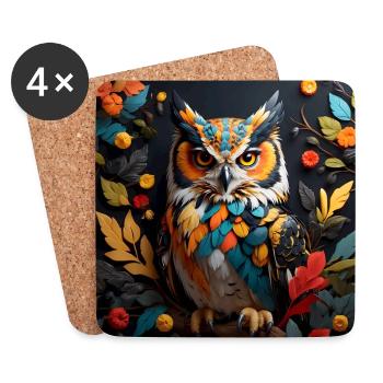 Portrait de hibou coloré avec des feuilles colorées - Dessous de verre (lot de 4) - blanc - Devant