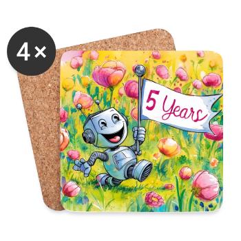 5 Jahre, 5. Geburtstag Roboter auf Blumenwiese - Untersetzer (4er-Set) - Weiß - Vorne
