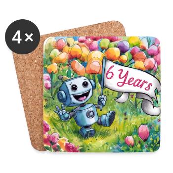 6 Jahre, 6. Geburtstag Roboter auf Blumenwiese - Untersetzer (4er-Set) - Weiß - Vorne