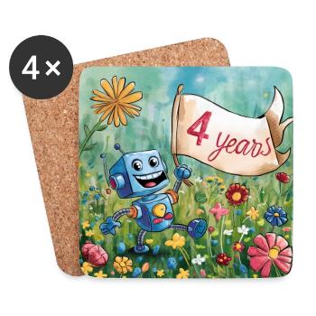 4 Jahre, 4. Geburtstag Roboter auf Blumenwiese - Untersetzer (4er-Set) - Weiß - Vorne