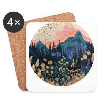 Boho, Flowers, Mountains, Landscape, Nature, Trees - Coasters (set of 4) - white - Front
