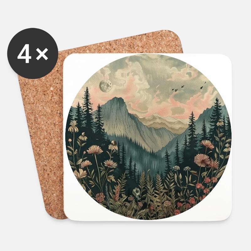 Boho, Blumen, Berge, Landschaft, Natur, Bäume - Untersetzer (4er-Set) - Weiß