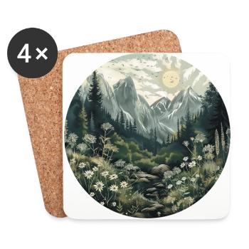 Boho, Flowers, Mountains, Landscape, Nature, Trees - Coasters (set of 4) - white - Front