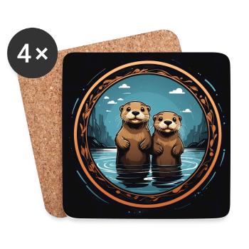 Two cute otters standing in the water - Coasters (set of 4) - white - Front