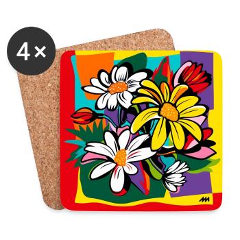 Pop Art Stil / farbenfrohes Blumen-Motiv - Untersetzer (4er-Set) - Weiß - Vorne