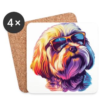 Lhassa Apso, chien, lunettes de soleil, été, cadeau - Dessous de verre (lot de 4) - blanc - Devant