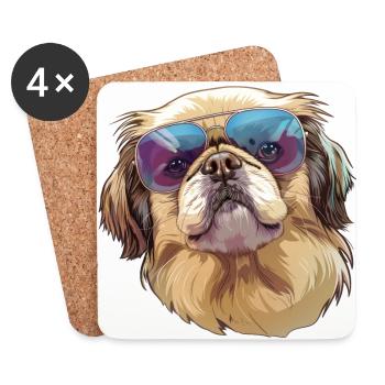 Pékinois, chien, lunettes de soleil, été, cadeau - Dessous de verre (lot de 4) - blanc - Devant