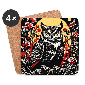 Hibou entre fleurs et pétales de rose Vrilles de rose - Dessous de verre (lot de 4) - blanc - Devant
