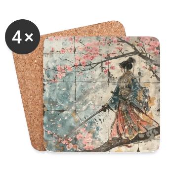 Japanisch, Samurai, Kirschblüte, Kunst, Ukiyo-E - Untersetzer (4er-Set) - Weiß - Vorne