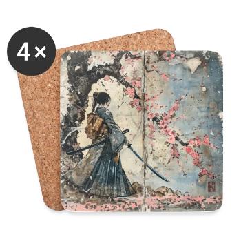 Japanisch, Samurai, Kirschblüte, Kunst, Ukiyo-E - Untersetzer (4er-Set) - Weiß - Vorne