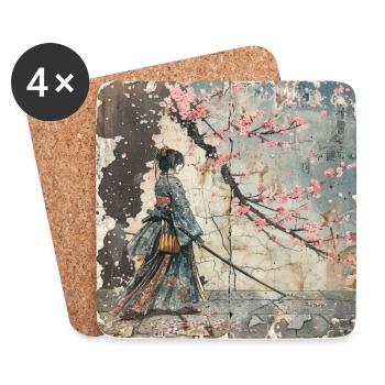 Japanisch, Samurai, Kirschblüte, Kunst, Ukiyo-E - Untersetzer (4er-Set) - Weiß - Vorne