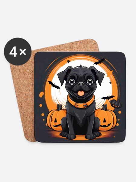 Halloween Hund mit Kürbissen und Fledermäusen - Untersetzer (4er-Set) - Weiß