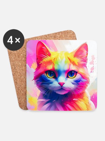Lebendiges Regenbogenkatzen-Kunstwerk - Untersetzer (4er-Set) - Weiß