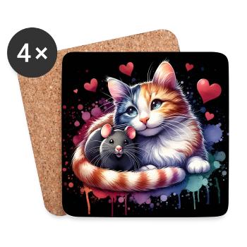 Katze und Maus in Freundschaft Frieden und Liebe - Untersetzer (4er-Set) - Weiß - Vorne