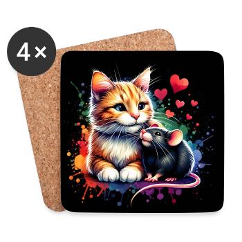 Katze und Maus in Freundschaft Frieden und Liebe - Untersetzer (4er-Set) - Weiß - Vorne