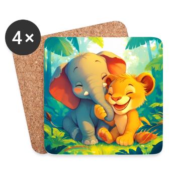 Cute Child Picture Playing Lion And Elephant - Coasters (set of 4) - white - Front