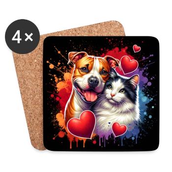 Staffordshire Terrier et chat Love Friendship - Dessous de verre (lot de 4) - blanc - Devant