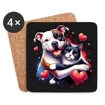 Staffordshire Terrier und Katze Liebe Freundschaft - Untersetzer (4er-Set) - Weiß - Vorne