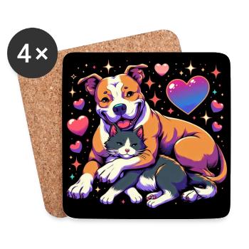 Staffordshire Terrier et chat Love Friendship - Dessous de verre (lot de 4) - blanc - Devant