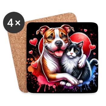 Staffordshire Terrier et chat Love Friendship - Dessous de verre (lot de 4) - blanc - Devant