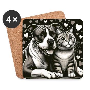 Staffordshire Terrier et chat Love Friendship - Dessous de verre (lot de 4) - blanc - Devant