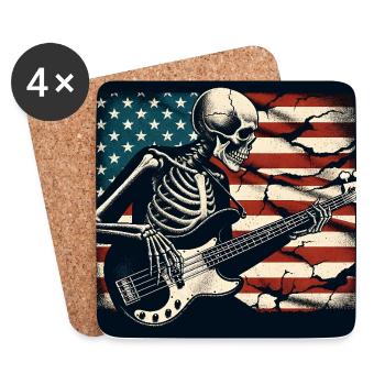 Crâne squelette avec guitare basse et drapeau américain - Dessous de verre (lot de 4) - blanc - Devant